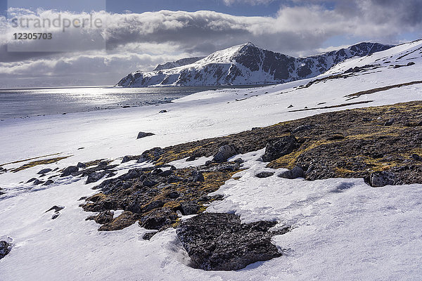 Schöne arktische Naturlandschaft mit schneebedeckter Küste  Spitzbergen  Svalbard und Jan Mayen  Norwegen