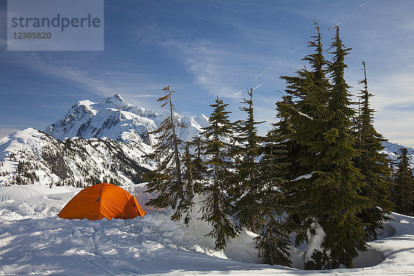 Campingzelt im Winter in der Nähe von Bäumen und Bergen im Hintergrund im North Cascades National Park  Washington State  USA