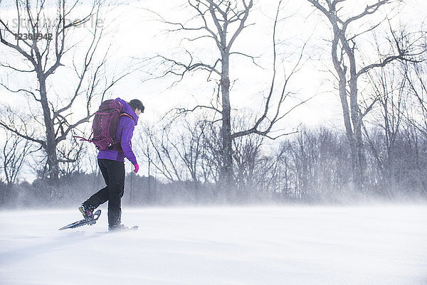 Seitenansicht in voller Länge Schuss von einzelnen Frau mit Rucksack Schneeschuhwandern im Freien im Winter