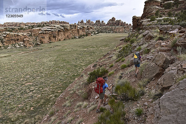 Zwei Rucksacktouristinnen auf einem Wanderweg mit Blick auf die Needles im Canyonlands National Park  Moab  Utah  USA