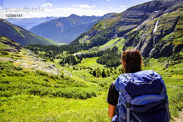 Rückansicht einer Rucksacktouristin beim Wandern im Ice Lakes Basin  Colorado  USA