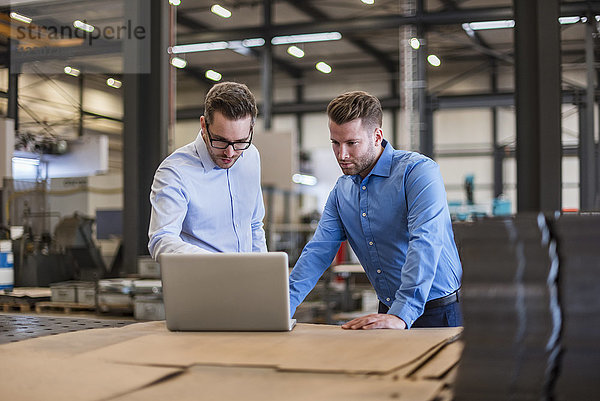 Zwei Geschäftsleute teilen sich einen Laptop in der Fabrikhalle.