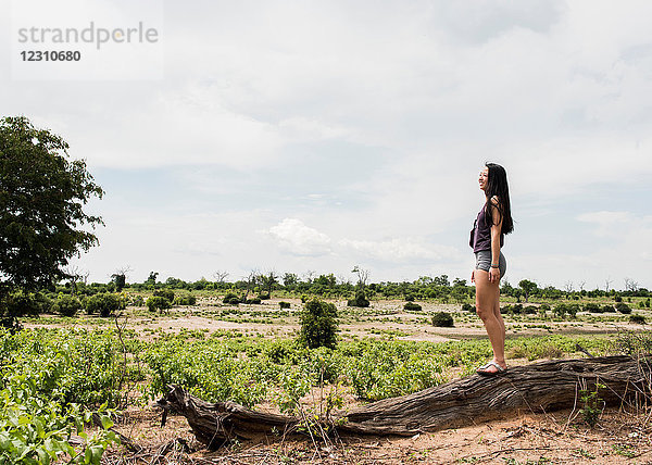 Junge Touristin mit Blick auf den Chobe-Nationalpark  Botswana  Afrika