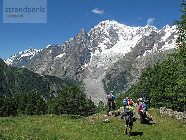 Italien  Aosta-Tal  Ferret-Tal  Courmayeur  eine Gruppe von Wanderern genießt die Aussicht vom Tour du Mont Blanc-Weg auf der italienischen Seite des Mont Blanc-Gebirges