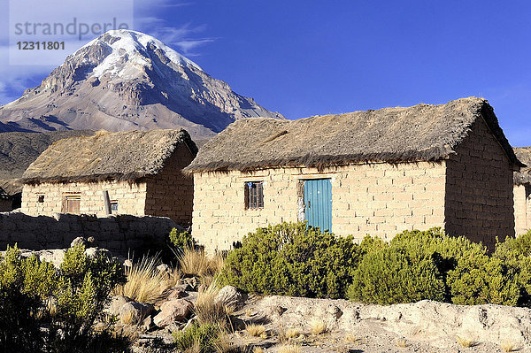 Bolivien  Südamerika  Vulkan Sajama und das Dorf Tomarapi auf dem Altiplano