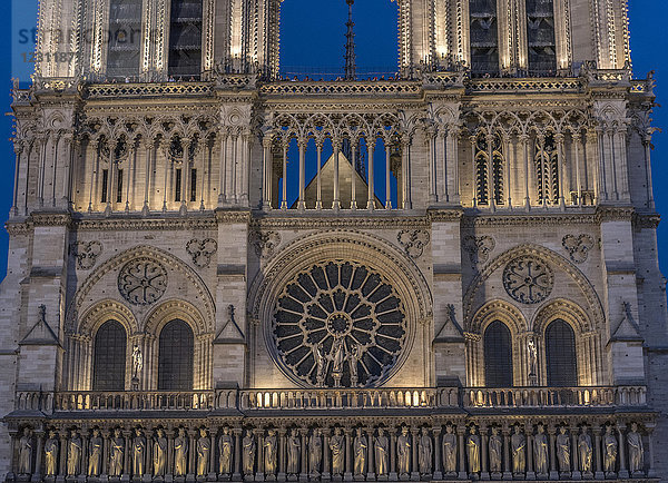 Frankreich  Ile de France  Paris  4. Bezirk  Nahaufnahme der Frontansicht von Notre-Dame in der Nacht
