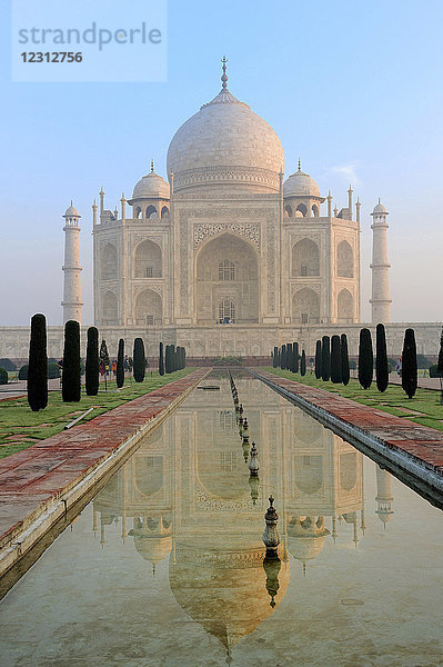 Indien  Agra  Taj Mahal spiegelt sich in einem Teich im ersten Licht