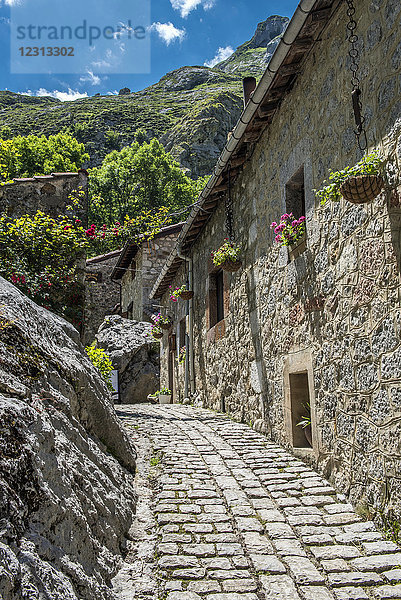 Spanien  Nationalpark Los Picos de Europa  Bulnes-Gebirge  Häuser des Dorfes Bulnes  Tiefblick