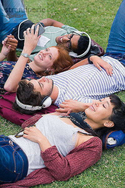 Gruppe von Freunden  die im Gras liegen und sich gemeinsam entspannen