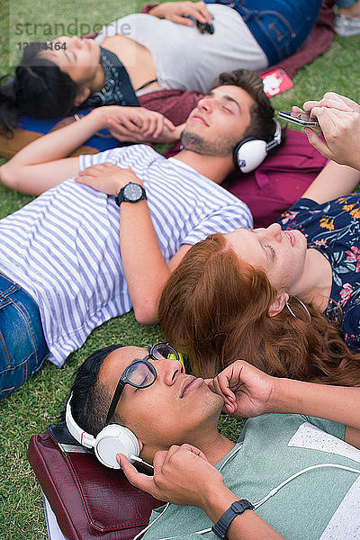 College-Studenten entspannen sich zwischen den Vorlesungen auf dem Rasen