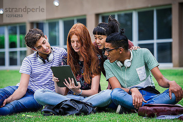 College-Studenten sitzen auf dem Rasen und schauen gemeinsam auf ein digitales Tablet