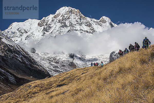 Eine Gruppe von Wanderern  die sich dem Annapurna Base Camp nähert  mit dem Annapurna South im Hintergrund  Himalaya  Nepal  Asien