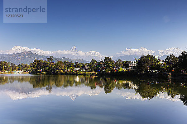 Spiegelung der Annapurna 8000m Bergkette und Machapuchare (Fischschwanzberg) 6993m  Pokara  Nepal  Himalaya  Asien