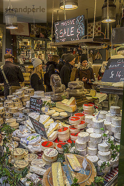 Verschiedene Käsesorten an einem Stand auf dem Borough Market  Southwark  London  England  Vereinigtes Königreich  Europa