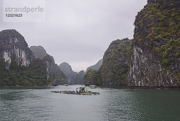 Schwimmendes Fischerdorf in der Lan Ha-Bucht auf der Insel Cat Ba  einer typischen Karstlandschaft in Vietnam  Indochina  Südostasien  Asien