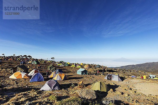 Zelte im Umbwe Camp mit Blick auf den Mount Meru  4565m  Kilimanjaro National Park  UNESCO Weltkulturerbe  Tansania  Ostafrika  Afrika