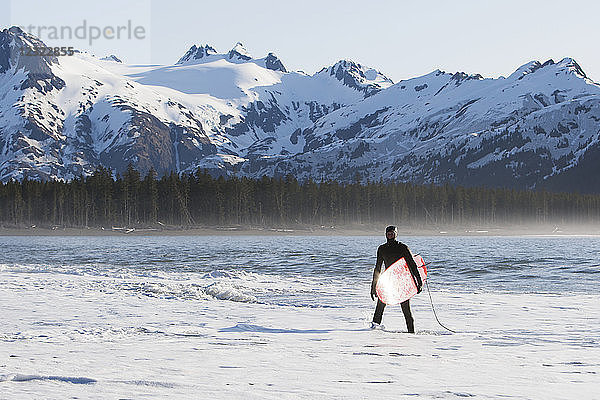 Surfer im Meer an der Außenküste der Kenai-Halbinsel  Süd-Zentral-Alaska; Alaska  Vereinigte Staaten von Amerika