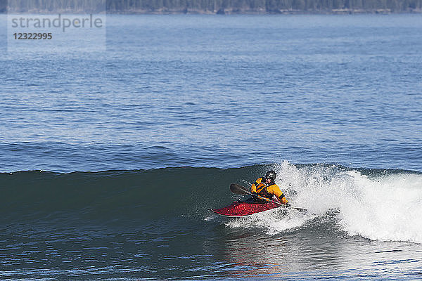 Person beim Surf-Kajakfahren auf der Kenai-Halbinsel an der Außenküste  Süd-Zentral-Alaska; Alaska  Vereinigte Staaten von Amerika