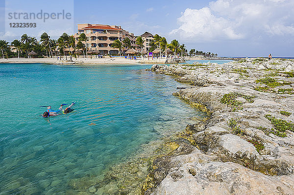 Schnorchler in einer Lagune auf der karibischen Seite von Mexiko; Playa Del Carmen  Quintana Roo  Mexiko