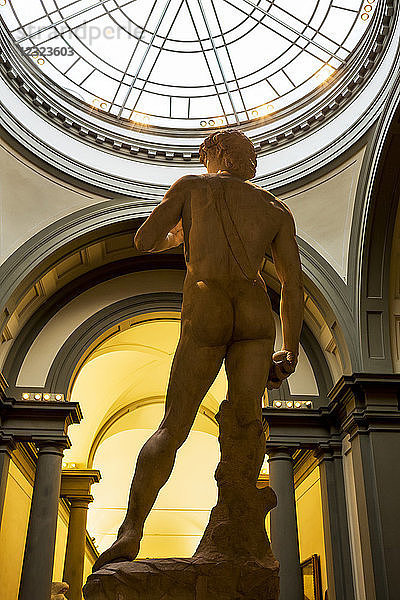Skulptur Michelangelos David in voller Länge von hinten mit einer Lichtkuppel darüber und Bögen im Hintergrund; Florenz  Toskana  Italien