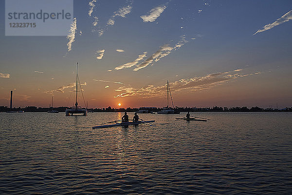 Mitglieder des Hanlan Boat Club beim Üben am frühen Morgen; Toronto  Ontario  Kanada