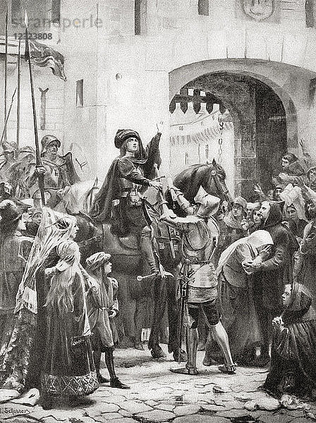 Jeanne d'Arc erhält ihr Schwert  bevor sie während der Belagerung von 1428-1429 nach Orléans aufbricht. Jeanne d'Arc  ca. 1412 -1431  auch bekannt als die Jungfrau von Orléans. Heldin Frankreichs wegen ihrer Rolle während der lancastrischen Phase des Hundertjährigen Krieges und heiliggesprochen als römisch-katholische Heilige. Aus Hutchinson's History of the Nations  veröffentlicht 1915.
