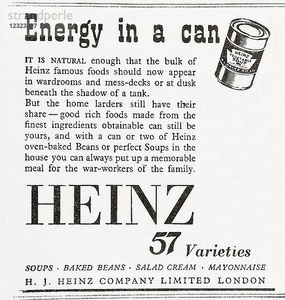 1943 Werbung für Heinz 57 Varieties Konserven. Aus The Daily Telegraph  18. Mai 1943.