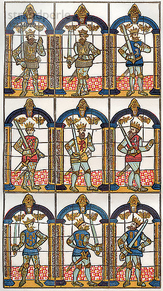 Ein gemaltes oder farbiges Glasfenster  das zwei sächsische Grafen von Merica und sieben normannische Grafen von Chester darstellt. Aus Old England: A Pictorial Museum  veröffentlicht 1847.