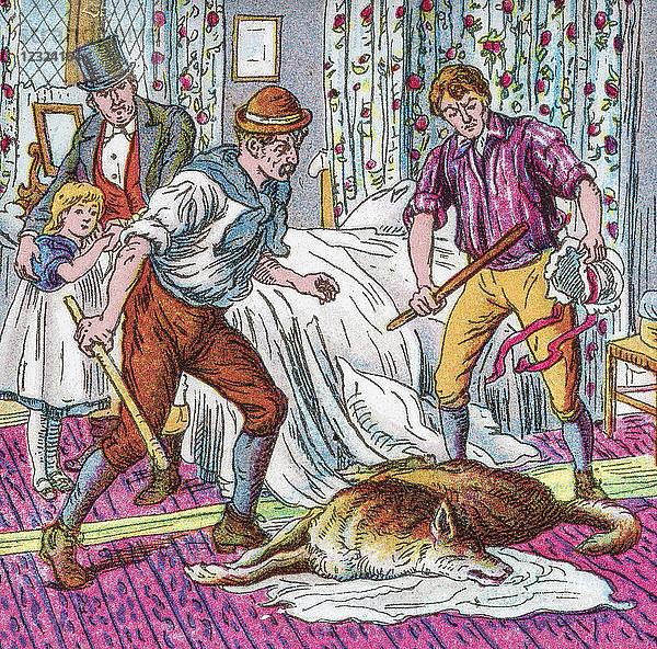 Kolorierte Seite mit einer Illustration und der Handlung des Kinderbuchs Rotkäppchen  in dem der Bauer und seine Männer den großen bösen Wolf im Schlafzimmer der Großmutter besiegen