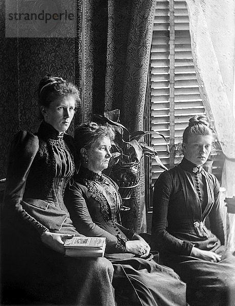 Glasnegativ um 1900.Viktorianisch.Sozialgeschichte. Drei viktorianische Damen in Trauerkleidung