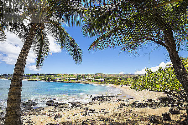 Four Seasons Resort mit Blick auf den goldenen Strand und die Palmen im Hulopo'e Beach Park; Lanai  Hawaii  Vereinigte Staaten von Amerika