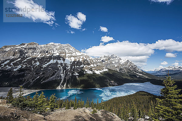 Peyto Lake mit etwas Eis auf dem türkisfarbenen Wasser in den kanadischen Rocky Mountains in der Nähe von Banff; Alberta  Kanada