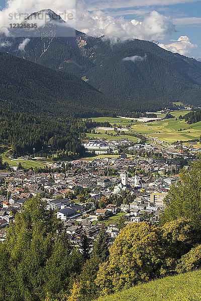Alpendorf im Tal mit Bergen im Hintergrund; Innichen  Bozen  Italien