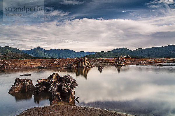 Wolken spiegeln sich im ruhigen Wasser des Stave Lake mit den Coast Mountains in der Ferne; British Columbia  Kanada