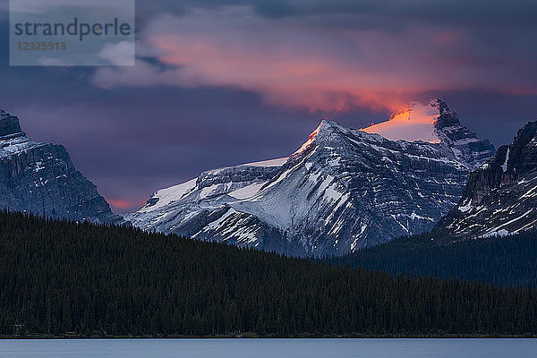 Der Sonnenaufgang beleuchtet die Gipfel der Rocky Mountains über dem Bow Lake  Banff National Park; Improvement District No. 9  Alberta  Kanada