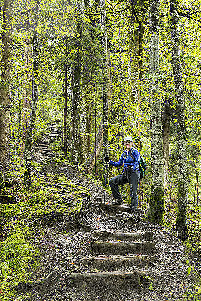 Wanderin  die eine Reihe von Holzstufen auf einem steilen Waldweg erklimmt; Grainau  Bayern  Deutschland