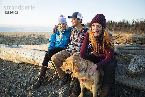 Ein junges Paar und ein Freund mit einem Hund sitzen auf einem Stück Treibholz am Strand und blicken bei Sonnenuntergang auf den Ozean; Anchorage  Alaska  Vereinigte Staaten von Amerika