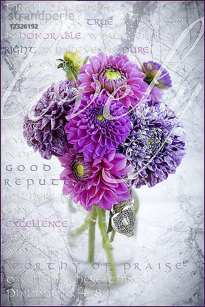 Marmorierte violette Dahlien in einem Glasgefäß mit der Aufschrift Philipper 4:8 im Hintergrund und dem Wort lovely über den Blumen