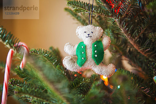 Handgenähter Teddybär als Weihnachtsschmuck an einem Weihnachtsbaum; Waco  Texas  Vereinigte Staaten von Amerika