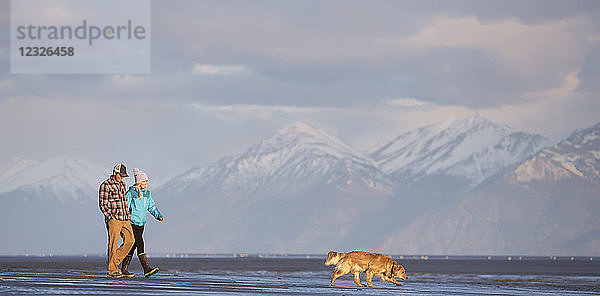 Ein junges Paar  das mit seinem Hund am Strand spazieren geht und Händchen hält  mit Blick auf eine Bergkette in der Ferne; Anchorage  Alaska  Vereinigte Staaten von Amerika
