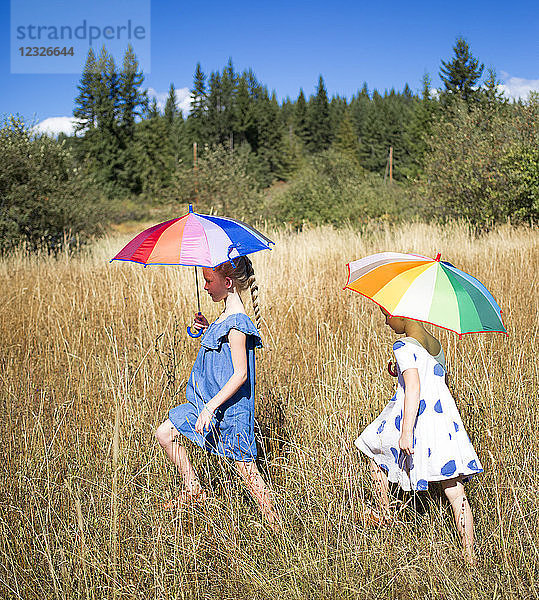 Zwei junge Mädchen in Sonnenkleidern gehen mit Regenschirmen durch ein Feld mit hohem Gras; Salmon Arm  British Columbia  Kanada