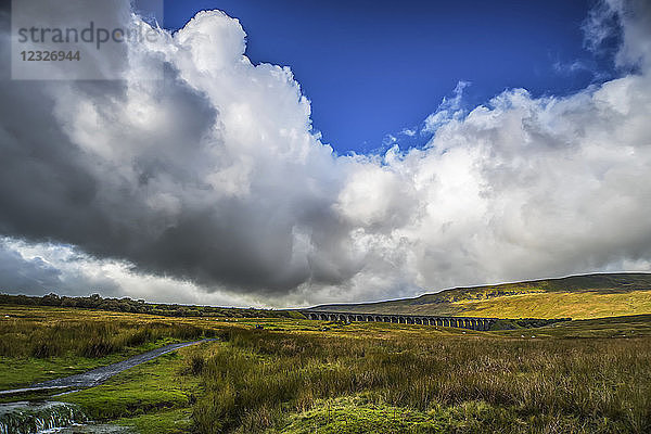 Das 1875 eröffnete Ribblehead-Viadukt ist eine der berühmtesten Meisterleistungen viktorianischer Ingenieurskunst entlang der atemberaubenden Eisenbahnlinie von Settle nach Carlisle; North Yorkshire  England