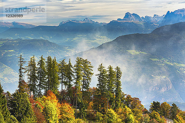 Bunte Bäume im Herbst auf einem Bergrücken mit Blick auf sanfte Berghänge und Berge im Hintergrund  aus dem Tal aufsteigender Nebel; Kalterer  Bozen  Italien