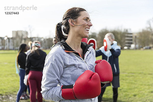 Smiling  confident woman boxing in park