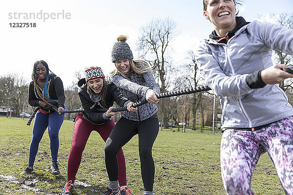 Determined women pulling rope in tug-of-war in sunny park