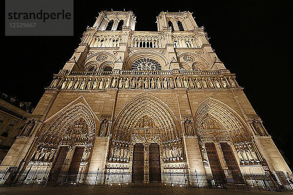 Paris. 4. Arrondissement. Kathedrale Notre Dame bei Nacht. Detail der Fassade und des Tores des Jüngsten Gerichts.