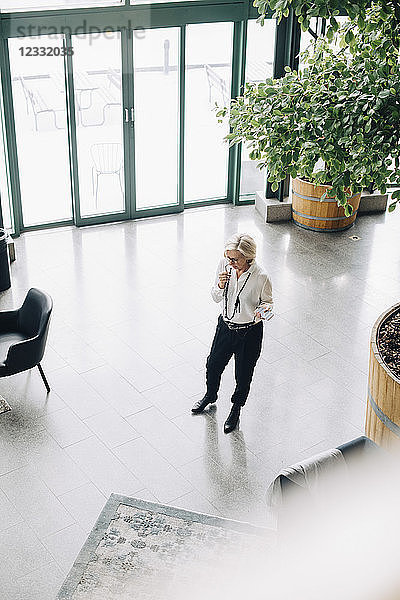 High angle view of businesswoman talking on mobile phone while standing in office