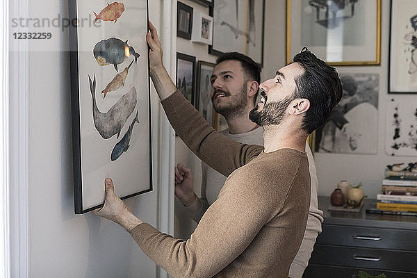Homosexual couple hanging painting on wall at home