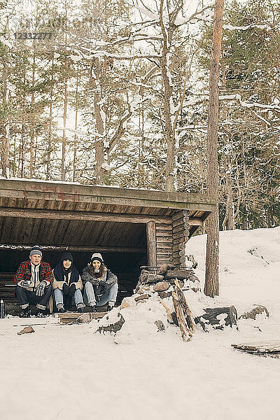 Friends sitting in log cabin against trees during winter