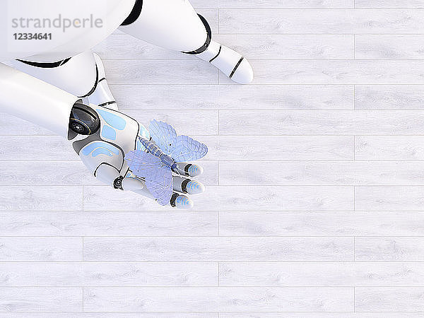 Robot holding butterfly in his hand  3d rendering